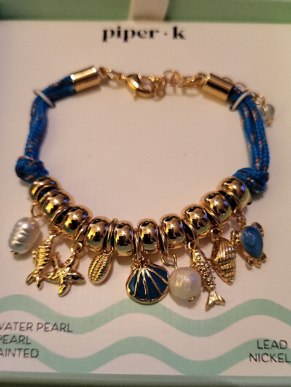 Piper K Gold and Blue Nautical Charm Bracelet with Pearls COSTAL BEACHY